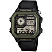 【CASIO 卡西歐】十年之旅數位錶-綠框x黑帆布錶帶(AE-1200WHB-1B)