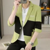E19男七分袖小西裝夏季高檔中袖西服時尚薄款外套網紅帥氣短袖外衣潮
