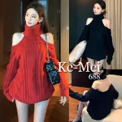 克妹Ke-Mei【ZT21611】SLY辛辣名媛系性感高領挖肩露背厚款寬鬆毛衣洋裝
