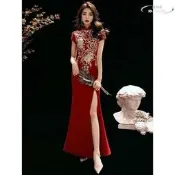 旗袍敬酒服酒紅色魚尾長款中國風新娘禮服女平時渴穿