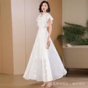 K4477 夏季新款白色提花雪紡洋裝時尚簡約高貴長款荷葉袖大擺裙女 0TZC