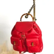 【日本直送 名牌中古包】GUCCI 古馳 後背包 紅色 竹節 皮革 雙口袋 vintage 古董 舊款 3pzj72