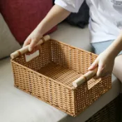 協貿國際日用品生活1館 收納筐仿藤編 簡約木把手客廳整理筐 零食筐雜物收納籃