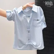 初色 簡約純色翻領七分袖假兩件單排釦口袋設計感下擺襯衫上衣女上衣-共2色-18837(M-2XL可選)