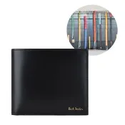 【Paul Smith】PAUL SMITH金字壓印LOGO滑面小牛皮4卡對折零錢短夾(黑x彩色刷筆)