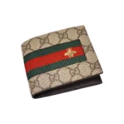 Gucci 473954 GG Supreme緹花綠紅綠織帶 蜜蜂刺繡折疊短夾【促銷品】
