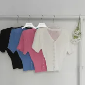 【預購】女生透膚針織收腰素面短袖開襟針織衫上衣 粉 乳白 黑 空藍【08.26】東大門-M18159