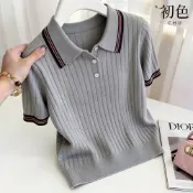 初色 休閒風修身顯瘦拼接撞色條紋半門襟單排釦翻領短袖POLO衫針織衫上衣女上衣-灰色-50048(F可選)
