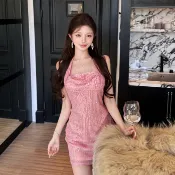 法式聚會派對性感粉色亮片吊帶洋裝女裝緊身無袖露背包臀緊身洋裝