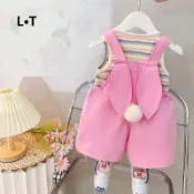 LT・現貨  韓版女童時尚洋氣渡假風夏日套裝 女童粉色背帶褲2026夏季套裝韓國童裝童洋氣中小童兩件套休閒褲