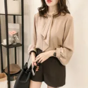 【免運】氣質chic上衣長袖襯衫 秋裝時尚純色寬鬆燈籠袖雪紡衫女長袖上衣韓范OL打底襯衣