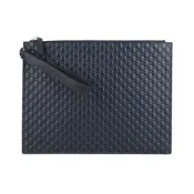 GUCCI 古馳  Microsima雙G烙印LOGO牛皮拉鍊大型腕帶手拿包(大/午夜藍)