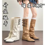 💕全店免運 女鞋 時尚靴 靴子 高筒靴 長靴 厚底鞋 真皮~美式尖頭內增高褲管靴女皮帶扣白色不過膝長筒靴坡跟騎士靴