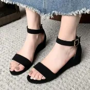 【baibeauty 白鳥麗子】MIT典雅純色一字帶繞踝魔鬼氈楔型涼鞋(楔型涼鞋)