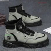【新品下殺🔥】耐磨鞋無鞋帶皮面勞保登山鞋 旋轉扣工裝防滑厚底高幫休閒 鞋必備好物實用耐用輕巧舒適