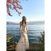 長裙 洋裝 沙灘裙 海邊裙 收腰 度假風 夏日水彩網紗長款吊帶連衣裙不規則裙度假風超仙氣質擺魚尾裙子女