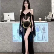 【熱銷🔥】埃及豔后造型服 異域風情套裝 黑色流蘇吊帶上衣 網紗長裙舞蹈 漫展cos造型服 全套演出服 豔后演出服