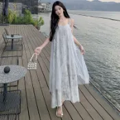 【顯瘦絕美】夏日新款韓版超好看獨特沙灘度假裙 時尚吊帶連衣裙長裙女 度假洋裝 海邊長裙 渡假洋裝 渡假風洋裝 連衣長裙 