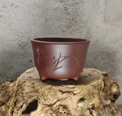 古瓷堂日本回流瓷器 宜興紫砂花盆 底槽清三足刻繪款 手工刻繪多肉盆 透氣蘭花盆景盆 紫砂泥料綠植盆栽 實物拍攝 菖蒲盆栽專用