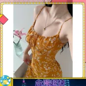 ⚡在臺出貨⚡喜慶紅色復古印花高腰緊身顯瘦小眾綁帶平口細肩帶短洋裝 歐美休閒度假性感無袖露背雪紡碎花A字吊帶短裙洋裝