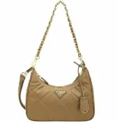 【PRADA 普拉達】Re-Edition 1995 Chaine 三角牌菱格絎縫尼龍手提 斜背包-迷你/棕色