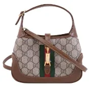 【GUCCI 古馳】Jackie 1961 經典雙G緹花紅綠織帶迷你兩用包(駝/棕)