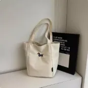 全球選品1館 生活百貨 帆布包 托特包 肩背包 手提袋 女用 刺繡臘腸狗 大容量 學生上課 通勤包