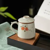 和風選集 【手繪冰裂】馬克杯 陶瓷杯 水杯 茶杯 泡茶杯 咖啡杯 哥窯冰裂紋 柿子造型 附過濾內膽 附杯墊 禮盒包裝 可客製Logo 送禮自用兩相宜