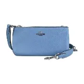 【COACH】COACH經典銀字LOGO牛皮雙拉鍊斜背包(霧霾藍)
