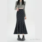 韓版百搭 毛呢半身裙 高腰顯瘦 A字半身裙 25秋冬新款毛呢格子磨毛半身裙女秋冬新款加厚A字魚尾裙子A 0921