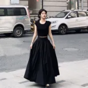 🌷臺灣出貨🌷赫本風法式套裝女修身短袖T恤夏季大裙擺a字裙半身裙氣質兩件套裝澎澎裙 顯瘦半身裙 百褶裙 傘裙 長裙 一整套