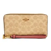 【COACH】C LOGO手掛式拉鍊零錢袋長夾(米白/粉)