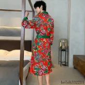 🎀熱銷新品🎀中國風東北大花男士睡袍夏季冰絲短袖新款浴袍絲綢睡衣緞面家居服
