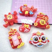 手工藝 diy 材料包 新年吉祥福牌舞獅卡通DIY樹脂配件 奶油膠咕卡 飾品配件 diy手機殼奶油膠手工髮夾貼片