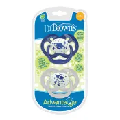 美國【Dr.Brown's布朗博士】Advantage夜光人體工學雙面圓形安撫奶嘴 6-18月 藍色 兩入裝