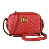 【GUCCI 古馳】GUCCI Marmont系列雙G復古金屬LOGO Mini Chain牛皮W字紋拉鍊斜背包(芙蓉紅/迷你)
