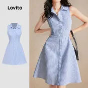Lovito 優雅紐扣前開襟通勤春夏淺藍色女連身裙 L158ED974