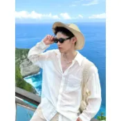 天絲棉麻 天絲萊賽爾 輕薄 透氣 👍新款外搭防曬襯衫男款夏季慵懶風鬆弛感輕薄透氣襯衣外套薄天絲棉麻 夏季襯衫 防曬 透