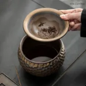 復古粗陶水盂茶洗建水茶渣分離廢水缸家用大號雙層過濾茶水茶渣缸