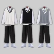 『限時下殺』 學院風套裝 制服套裝 背心毛衣 疊穿毛衣 dk/jk制服套裝 港風潮流針織衫 情侶裝 學生班服 高中制服