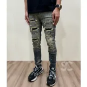 【SC牛仔褲】歐美潮流 復古水洗彈力三刀割抓鬚潑漆破壞內補釘設計牛仔破褲 牛仔褲 修身牛仔褲 潑漆牛仔褲 #SC6035