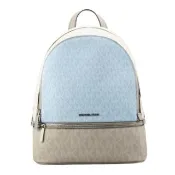 【Michael Kors】RHEA拚色滿版logo PVC後背包(藍灰)