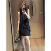 【高級感】法式輕奢無袖洋裝 女 黑色 不規則裙擺 修身顯瘦 氣質 小黑裙 裙子 無袖洋裝 黑色洋裝 不規則長裙洋裝