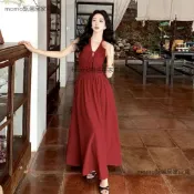 法式 度假風 紅色長洋裝 女 夏季無袖 V領綁帶 收腰顯瘦 高腰大裙擺 氣質連身裙 海邊旅遊 約會宴會穿搭