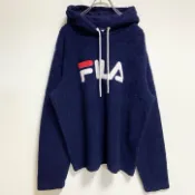 【DOKODEMO】古著 FILA 長袖羊毛連帽衫，帶刺繡貼片，海軍藍，超大廓形，尺寸 2XL
