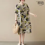 初色 韓版寬鬆顯瘦印花文藝休閒棉麻連衣裙洋裝-綠色-35186(F可選)