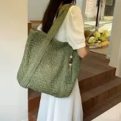 【夏季休閒收納防滑】夏季大容量草編托特包 慵懶風手提編織沙灘包 流蘇裝飾單肩包 渡假休閒女包