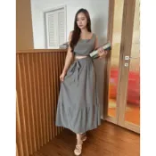 4色現貨秒出♥️【JinG】套裝*法式方領短版背心+綁帶高腰長裙♥️大裙擺 傘裙 長裙 半身裙 短版上衣 露鎖骨
