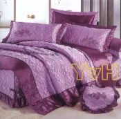 ==YvH==GeorgeTown 紫繡鴛鴦愛心 6x7尺特大七件式床罩組 絲緞刺繡 荷葉邊 心型抱枕