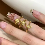 【熱銷】小紅書日月星辰戒女中古拉絲日月星戒指卡通太陽月亮星星指環